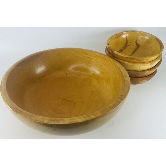5 MCM Occupied Japan Wood Round Salad Popcorn Serving Bowls Set 1945 -1952 VTG - Picture 1 of 16